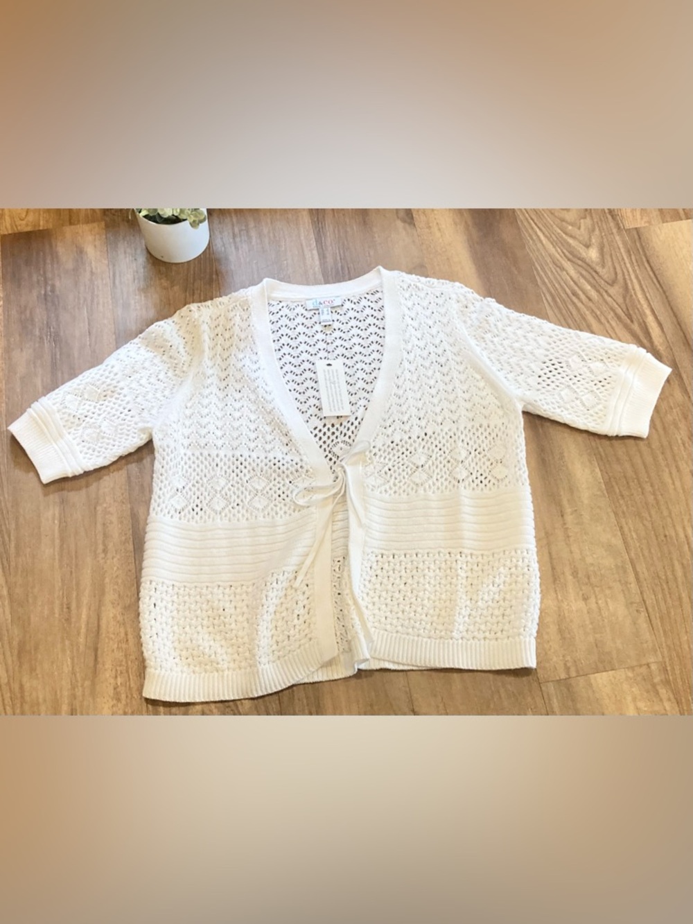 Denim&Co White Cotton Open-Knit Tie-Front Cardigan
